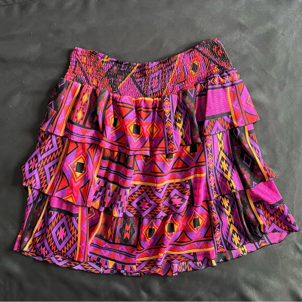 Size L Women’s Fashion Bug Tiered Geometric Print Skirt - Pink & Purple